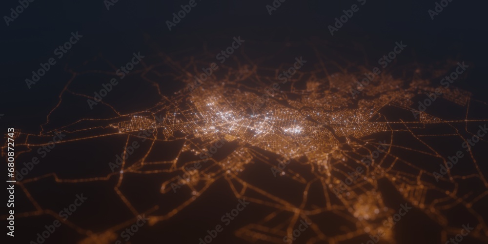 Street lights map of Aktobe (Kazakhstan) with tilt-shift effect, view from south. Imitation of macro shot with blurred background. 3d render, selective focus Street lights map of Aktobe (Kazakhstan) with tilt-shift effect, view from south. Imitation of macro shot with blurred background. 3d render, selective focus