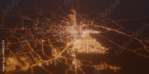 Street lights map of Kandahar (Afghanistan) with tilt-shift effect, view from east. Imitation of macro shot with blurred background. 3d render, selective focus