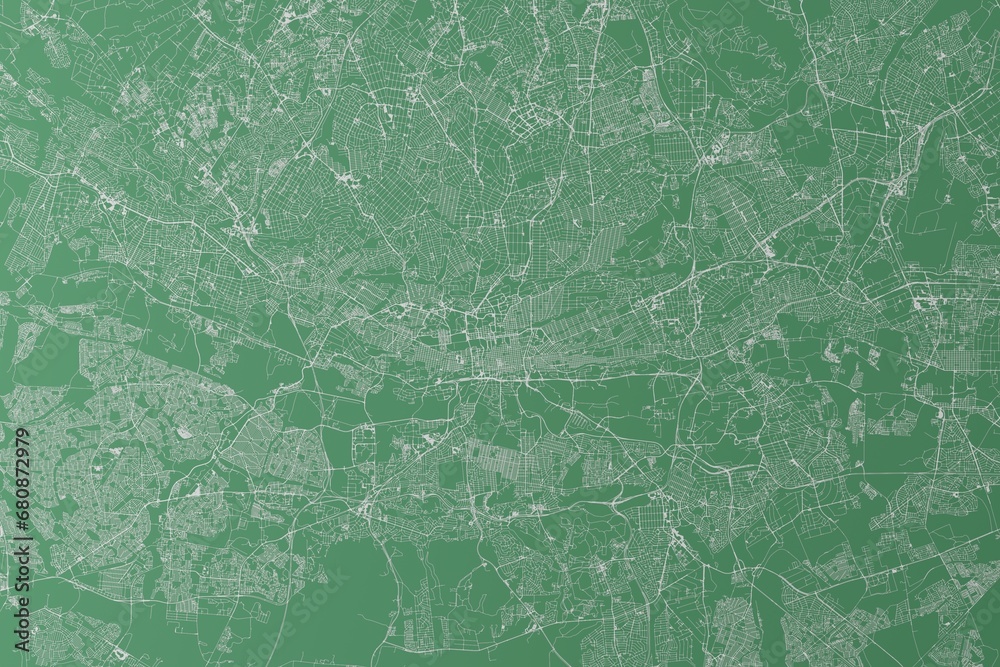Fototapeta premium Stylized map of the streets of Johannesburg (South Africa) made with white lines on green background. Top view. 3d render, illustration