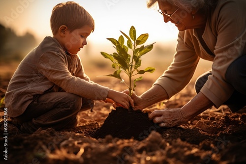A diverse family honors a loved one's memory by jointly planting a tree in a serene forest, symbolizing life, love, legacy AI generative photo