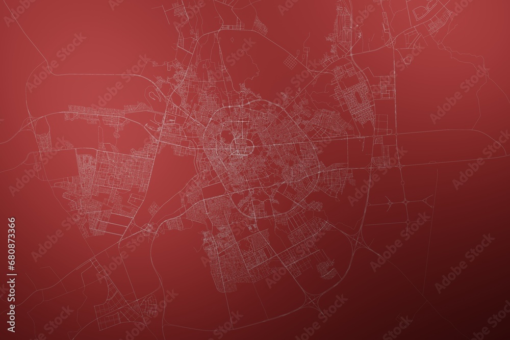 Map of the streets of Medina (Saudi Arabia) made with white lines on abstract red background lit by two lights. Top view. 3d render, illustration