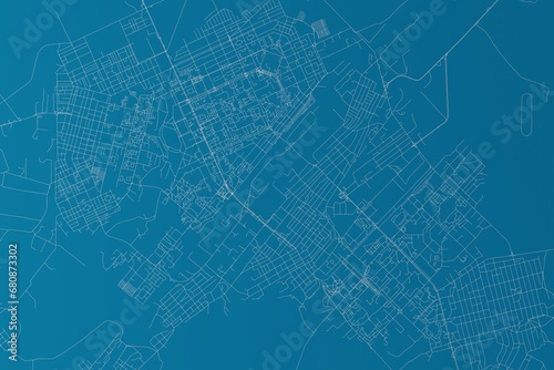 Map of the streets of Karaganda (Kazakhstan) made with white lines on blue background. 3d render, illustration