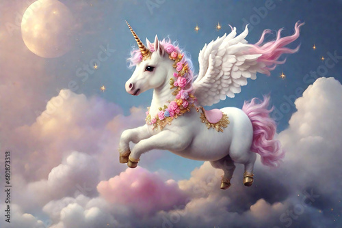 Unicorn flying in the sky with clouds and full moon.