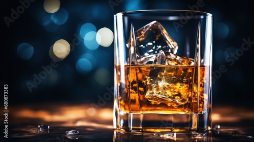 A glass of Whiskey with Ice Illuminated Against a Bokeh Background at night.