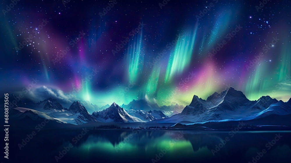 Aurora Borealis Dance Above Mountains with Rave-like Bokeh Aesthetics.