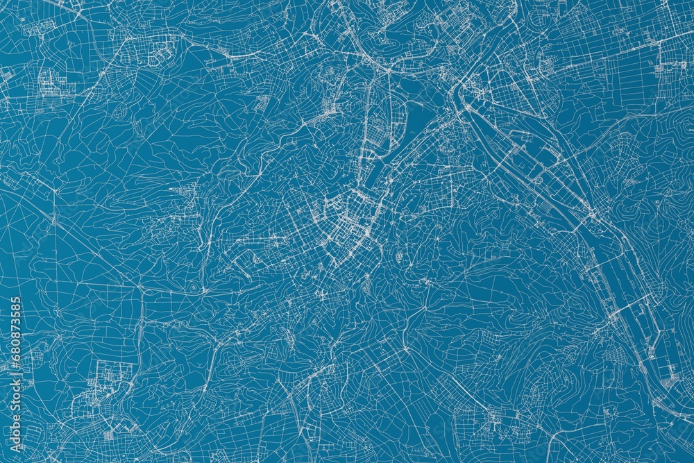 Map of the streets of Stuttgart (Germany) made with white lines on blue background. 3d render, illustration - obrazy, fototapety, plakaty 