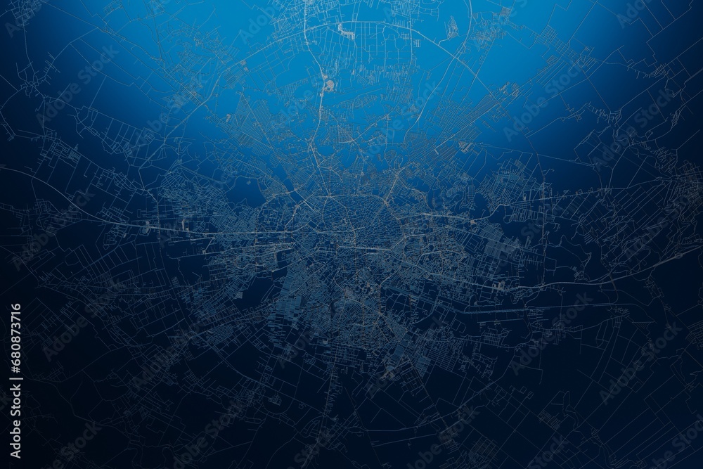 Street map of Bucharest (Romania) engraved on blue metal background. View with light coming from top. 3d render, illustration Street map of Bucharest (Romania) engraved on blue metal background. View with light coming from top. 3d render, illustration