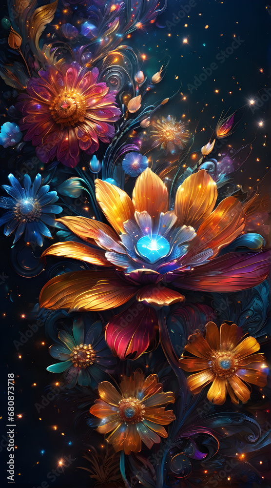Colorful cosmic flowers that are highly detailed, beautiful, and sparkling. Fantasy wallpaper background. Colorful cosmic flowers that are highly detailed, beautiful, and sparkling. Fantasy wallpaper background.