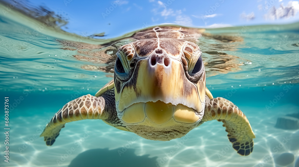 Obraz premium Hawaiian Green sea turtle swimming in the water with splashes of water. (Chelonia mydas) 