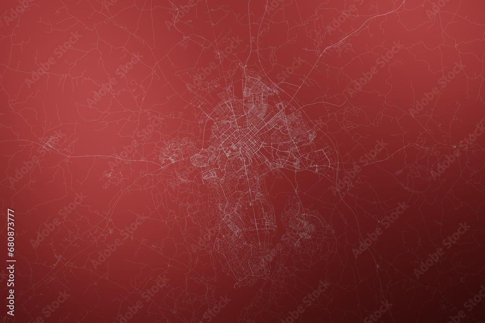 Map of the streets of Uppsala (Sweden) made with white lines on abstract red background lit by two lights. Top view. 3d render, illustration - obrazy, fototapety, plakaty 