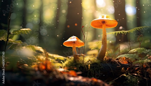Forest Scene with Mushrooms Basking in Bright Sunlight.
