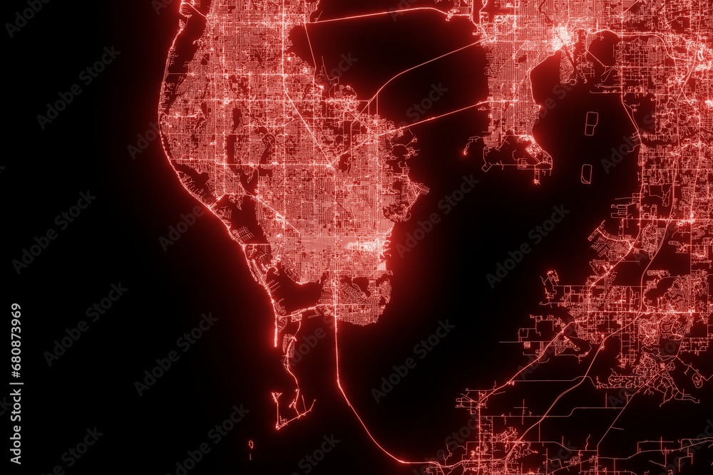 Street map of St Petersburg (Florida, USA) made with red illumination and glow effect. Top view on roads network. 3d render, illustration - obrazy, fototapety, plakaty 