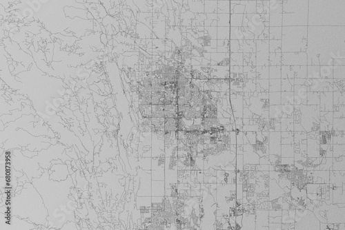 Map of the streets of Fort Collins (Colorado, USA) made with black lines on grey paper. Top view. 3d render, illustration