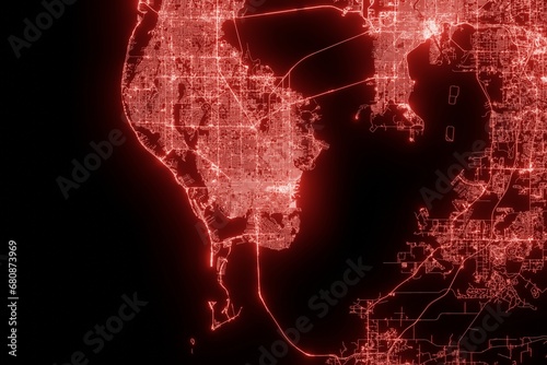 Street map of St Petersburg (Florida, USA) made with red illumination and glow effect. Top view on roads network. 3d render, illustration photo
