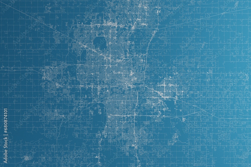 Map of the streets of Oklahoma City (Oklahoma, USA) made with white lines on blue paper. Rough background. 3d render, illustration Map of the streets of Oklahoma City (Oklahoma, USA) made with white lines on blue paper. Rough background. 3d render, illustration
