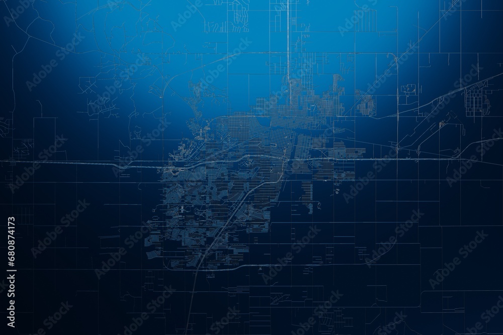 Fototapeta premium Street map of Amarillo (Texas, USA) engraved on blue metal background. View with light coming from top. 3d render, illustration