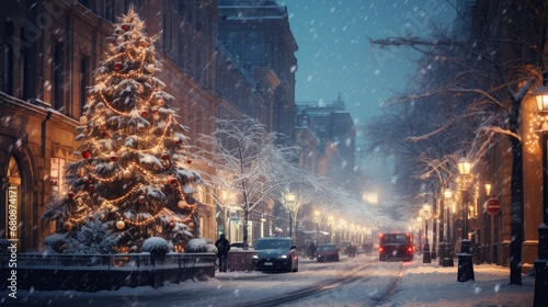 Snow-covered city street  illuminated Christmas tree  pedestrians walking  buildings and cars. Winter holiday atmosphere.