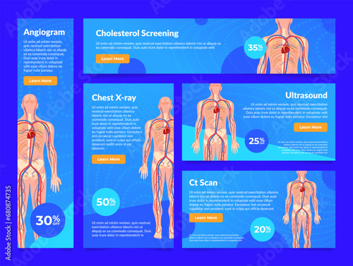 Cholesterol screening angiogram chest x ray ultrasound ct scan sale landing page set vector