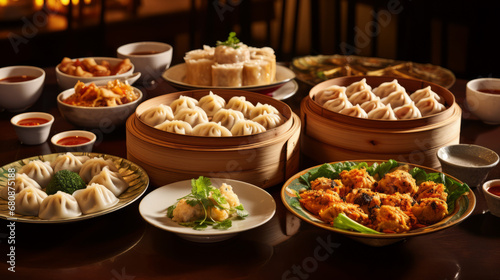 Dim sum food with many asian dishes