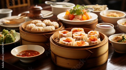 Dim sum food with many asian dishes photo