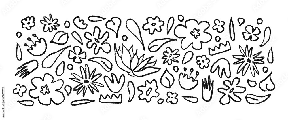Set hand drawn black brush linear flowers. Abstract monochrome background with plants Set hand drawn black brush linear flowers. Abstract monochrome background with plants