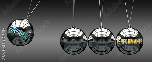 Confidence leads to Performance. A metaphor in which confidence initiates motion of performance and gives it energy. Cause and effect relation between confidence and performance.,3d illustration