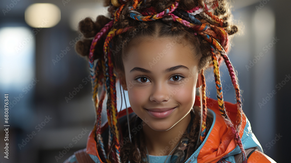 Close up portrait of pretty african american young girl with colourful curly hair at the blured room background. Folk, lifestyle concept Close up portrait of pretty african american young girl with colourful curly hair at the blured room background. Folk, lifestyle concept