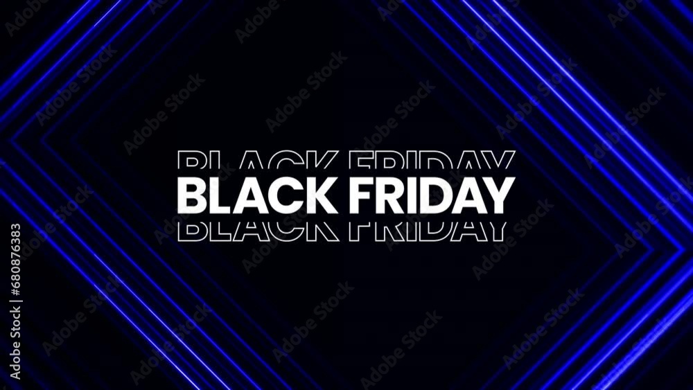Black Friday graphic element with sleek blue neon lines. Bold black friday sale banner design 4k animation. sales shopping social media background.