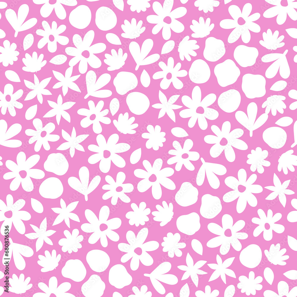 Girlish floral seamless pattern. Hand drawn small white flowers, leaves and botanical elements on baby pink background