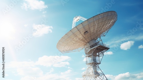 Huge radio telescope aimed directly into sky in middle of deserted desert catching signals. Large modern radio telescope aimed at sky catches signals and transmits to scientists for recognition
