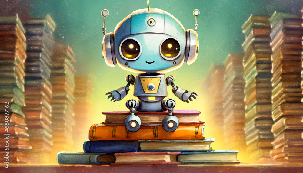 Close-up of a cute robot sitting on a pile of multicolored books, in a bookstore or library with a large number of books on background. Concept of artificial intelligence, learning and school.