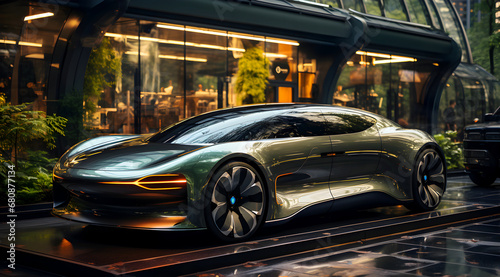 Illustrated image of a future concept car, sleek, simple, flowing, beautiful and graceful. It was parked gracefully in front of a fancy coffee shop in the middle of a big city. A very luxurious life