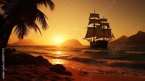 Pirate ship sails from desert island with bright trees in summer sunny weather with calm. Sunset photo of a pirate ship on azure sea during calm arriving to coast.
