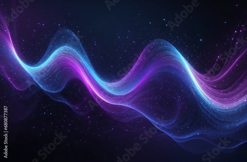 Futuristic digital purple and blue tone flowing particles wave and light background. Ai image generative.