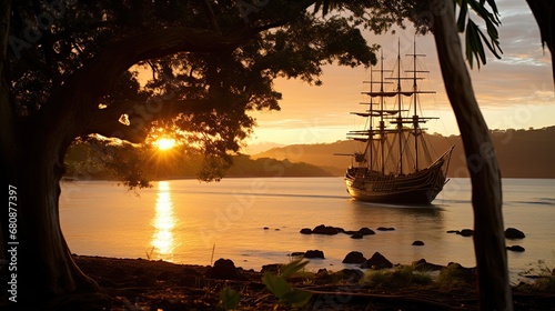 Sunset photo of a pirate ship on azure sea during calm arriving to coast. Pirate ship sails from desert island with bright trees in summer sunny weather with calm.