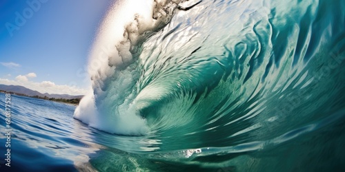 Inside view of a dynamic, foamy ocean wave