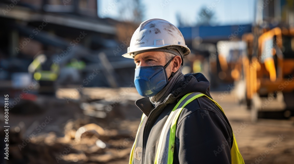 The worker is using protective face mask to protect himself from covid-19. Coronaviruses can cause colds with major symptoms, such as fever, and a sore throat from swollen adenoids.