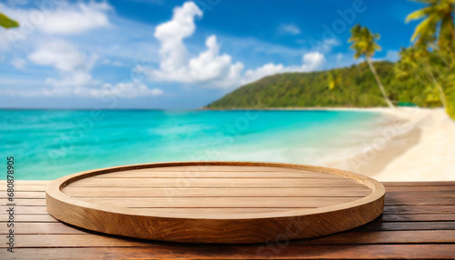 Empty wooden round platform with tropical beach background. For product showing