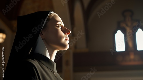 Faithful young Catholic nun praying in catholic church. Close-up photo of a Caucasian nun praying in church.