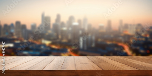Wooden tabletop with blurred city background. © Anna