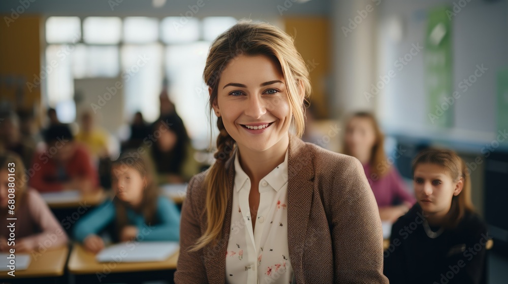 Confident female teacher smiling in a classroom with students in the background, representing a positive education environment. Ai Generative
