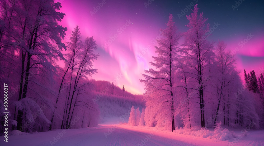 This image shows a vibrant pink aurora borealis dancing across the night sky above a snowy forest. The trees are covered in a thick blanket of snow