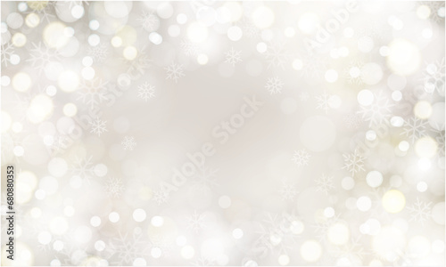 キラキラ輝く玉ボケと雪の結晶が綺麗なプラチナゴールドの背景イラスト、クリスマスやウェディング、ラグジュアリーな雰囲気に最適