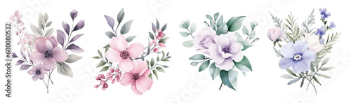 Set of Flower With Leaves Watercolor Vector Illustration 