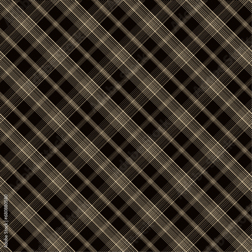 Check Plaid Seamless Pattern, Diagonal Gingham Lumberjack Vector Pixel in Black, and Camel Stripe (Mellow), Simple Tartan Background Graphic with Herringbone Line Grid