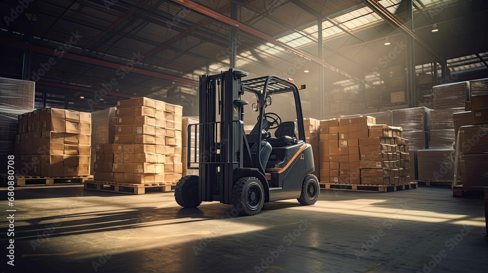 Forklift parked in factory warehouse