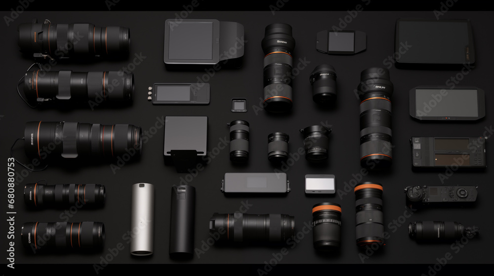 Big set of professional photographic equipment on black background. Vector illustration.