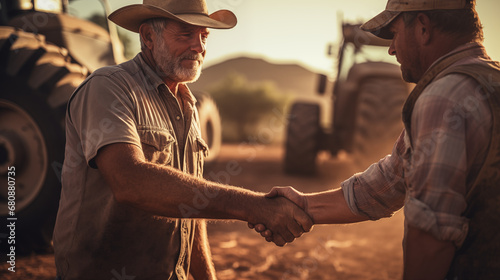Farmer shaking hands with his colleague on a sunny day in the field. 