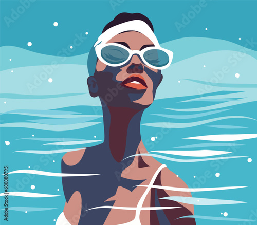 Girl in the water. The girl swims in the water. Portrait illustration. Vector graphics, flat style. Girl with glasses on vacation. Girl in the pool