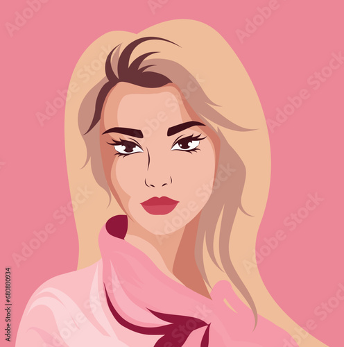 Portrait of a girl. Avatar girl. Avatar for social networks. Pink color palette. Hairstyle. Postcard, poster. Vector flat bright illustration on pink background